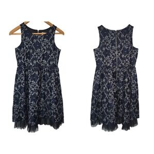 Justice Lace Tulle Fit and Flare Dress Girls 14 Navy Blue Silver Holiday Party
